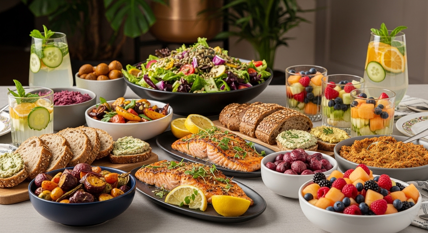 A table full of various healthy food
