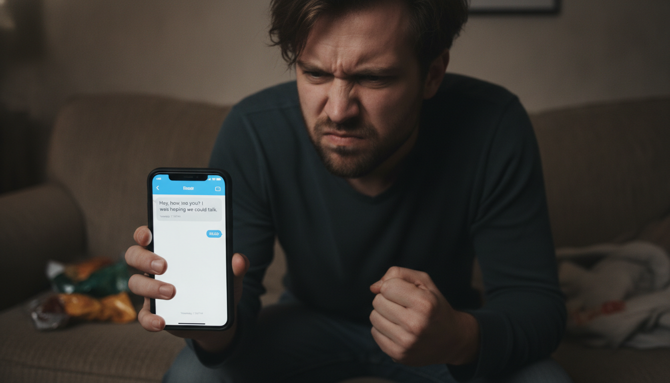 A man looks frustrated as he stares at a read message on his phone with no reply.